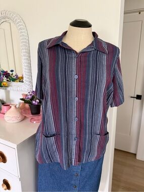90’s Plus Size Allison Daley Striped Button-Front Top in Navy/Burgundy/Red